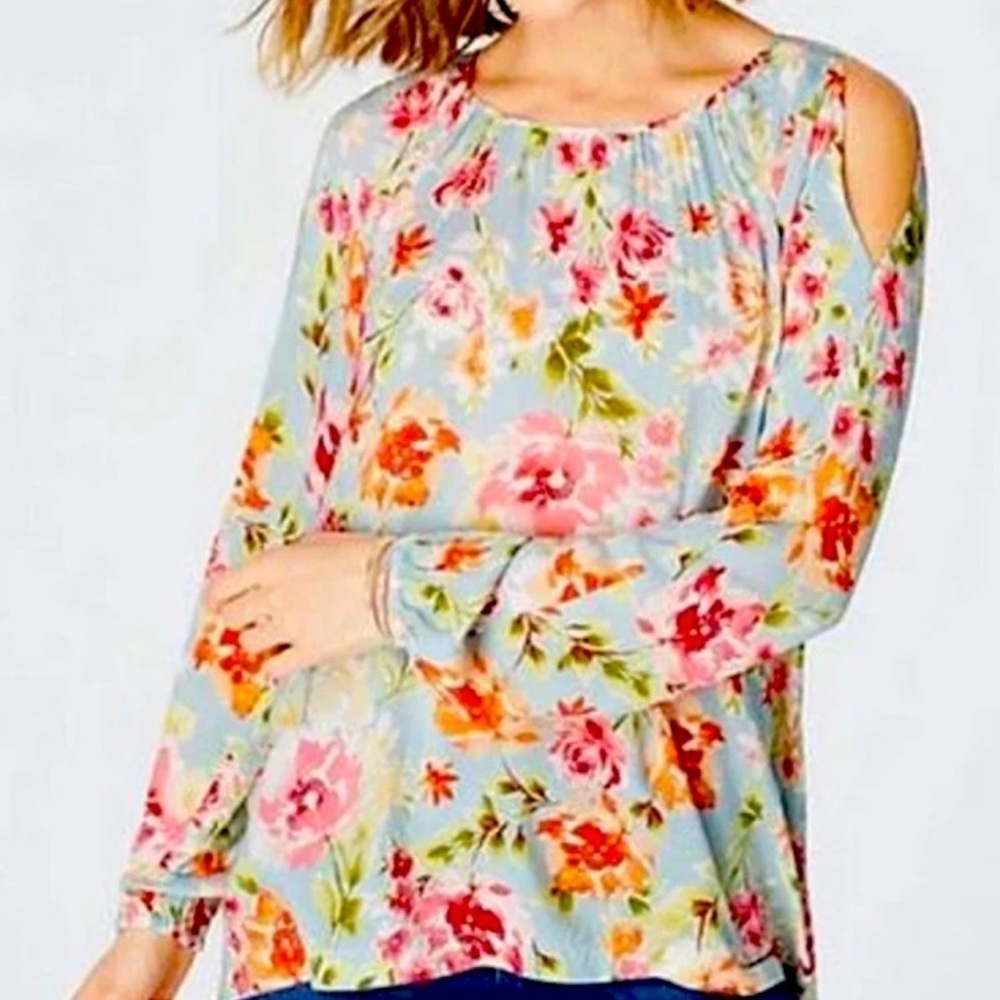 J Jill Blouse Large Floral Cold Shoulder Blue Long Sleeve Boho Colorful Flowy
